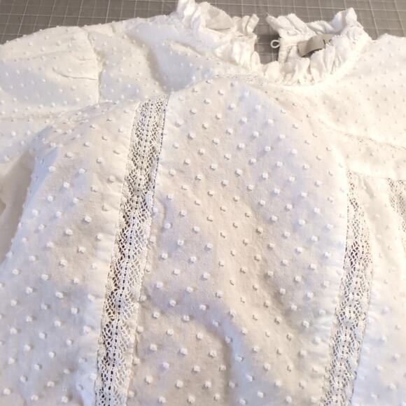 Loft White Clip Lace Trim Ruffle Blouse in Swiss Dot with Lace Inserts, small - Picture 4 of 10